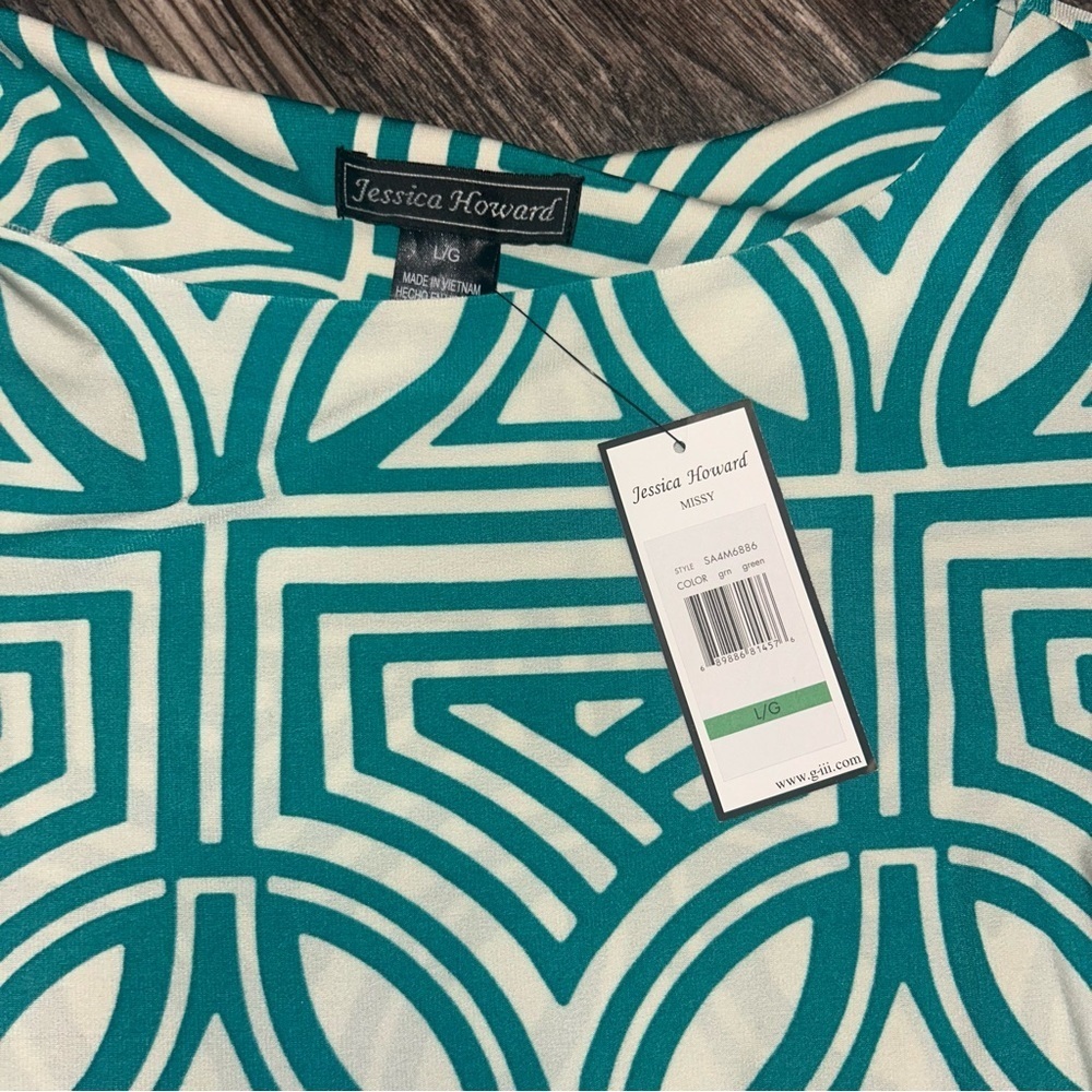 Jessica Howard Shift Geometric Patterned Dress Teal And Navy Women’s Large - Picture 2 of 6